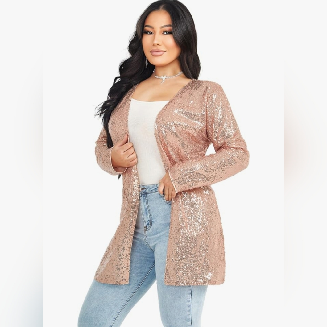 Women’s Sequin Open Front Blazer Jacket Sparkly Glitter Long Sleeve Xl Nwt